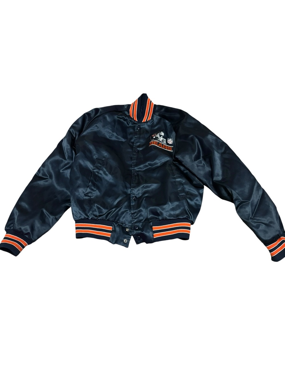Chicago Bears Navy Satin Bomber Jacket with Orange Stripe Trim